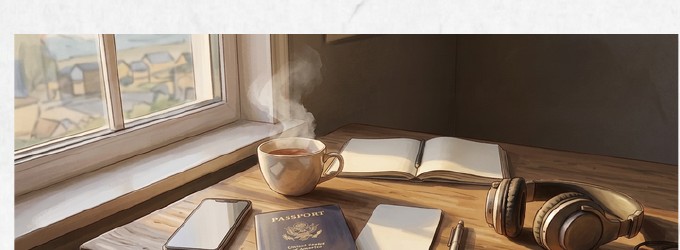 Table près d'une fenêtre avec carnet, passeport et casque